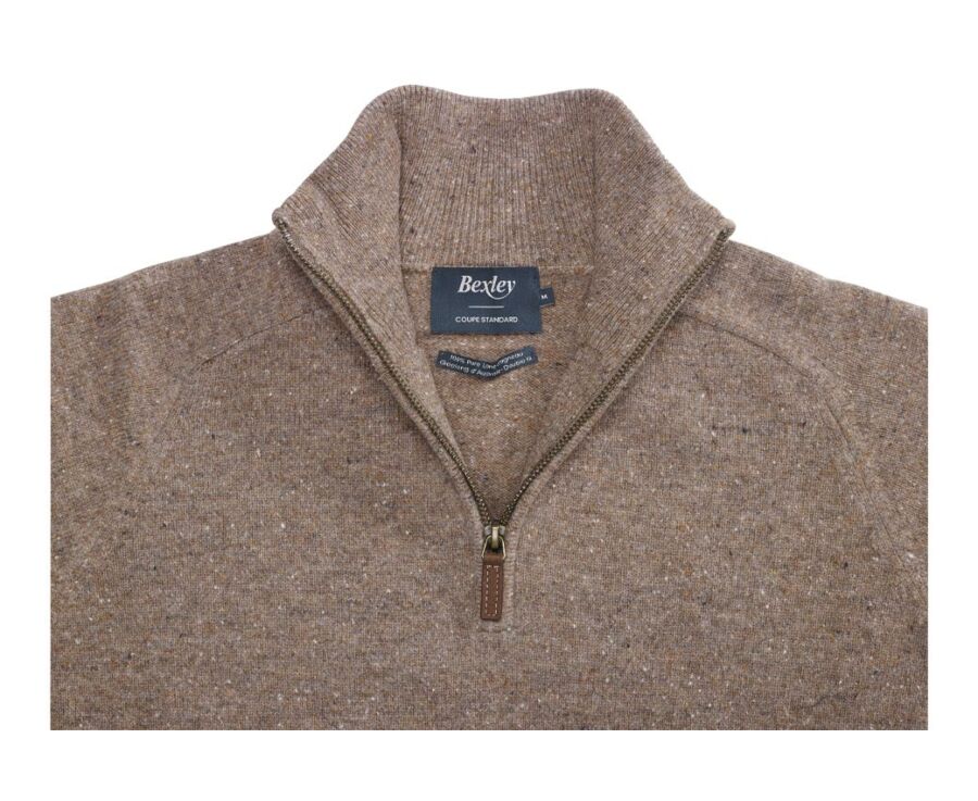 Pull homme laine col zippé Noisette Tweedé - KENNETH