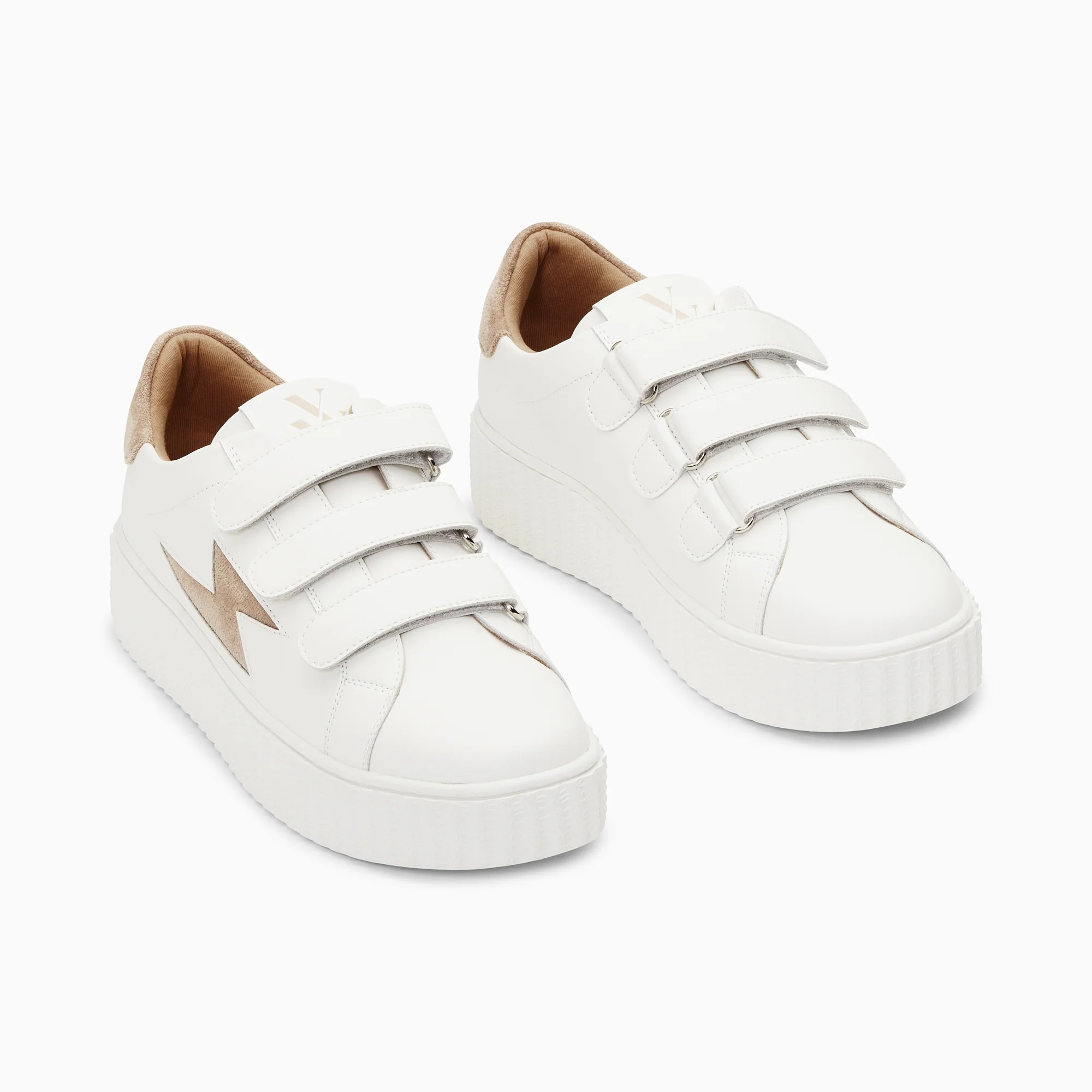 Sneakers-Baskets éclair Vicky blanc et beige à scratchs