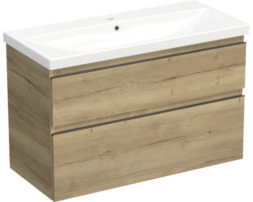 Jungborn TRENTA wastafelmeubel (BxHxD 100x65x45 cm) in Halifax natuur eiken met keramische wastafel en zwarte greeplijst