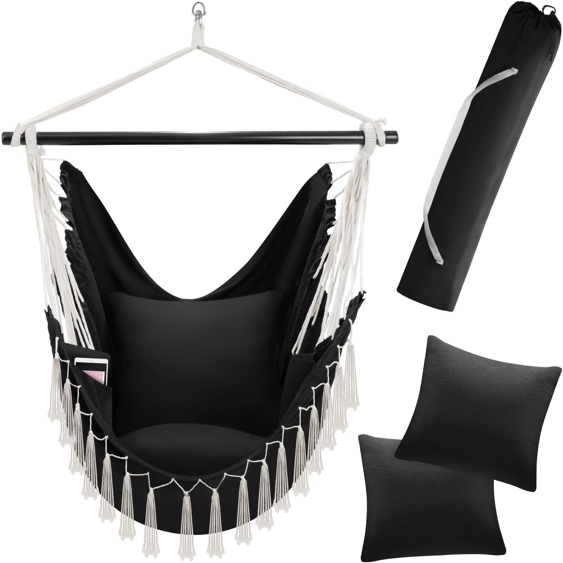 tectake® Hängesessel, extra dicke Sitz- und Rückenkissen, Belastbarkeit 150 kg, inkl. Tragetasche, ca. 100 x 150 x 150 cm