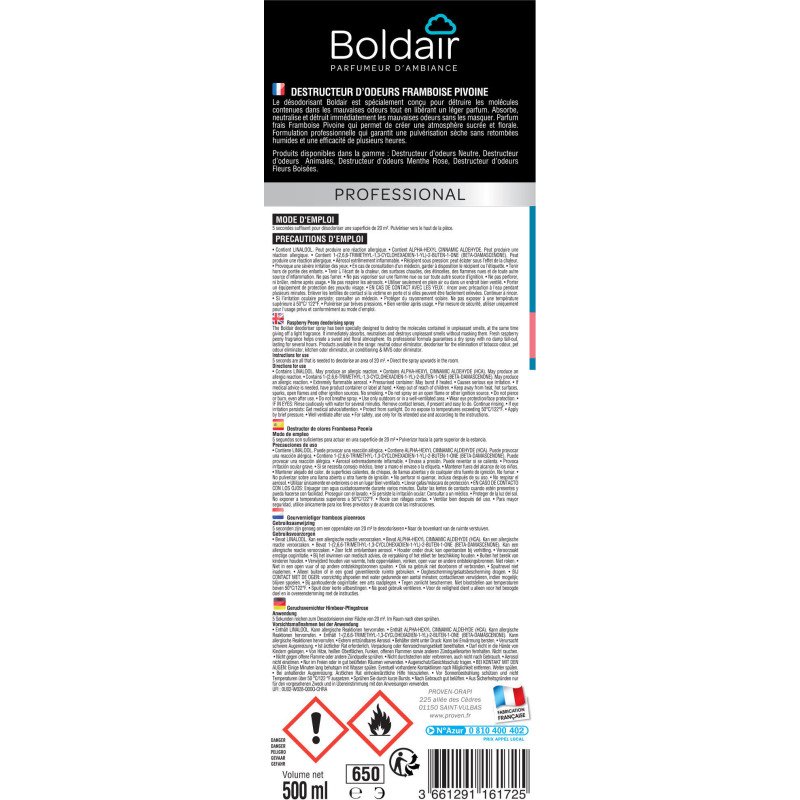 Désodorisant destructeur d'odeurs parfumant Boldair Framboise Pivoine - Aérosol 500 ml