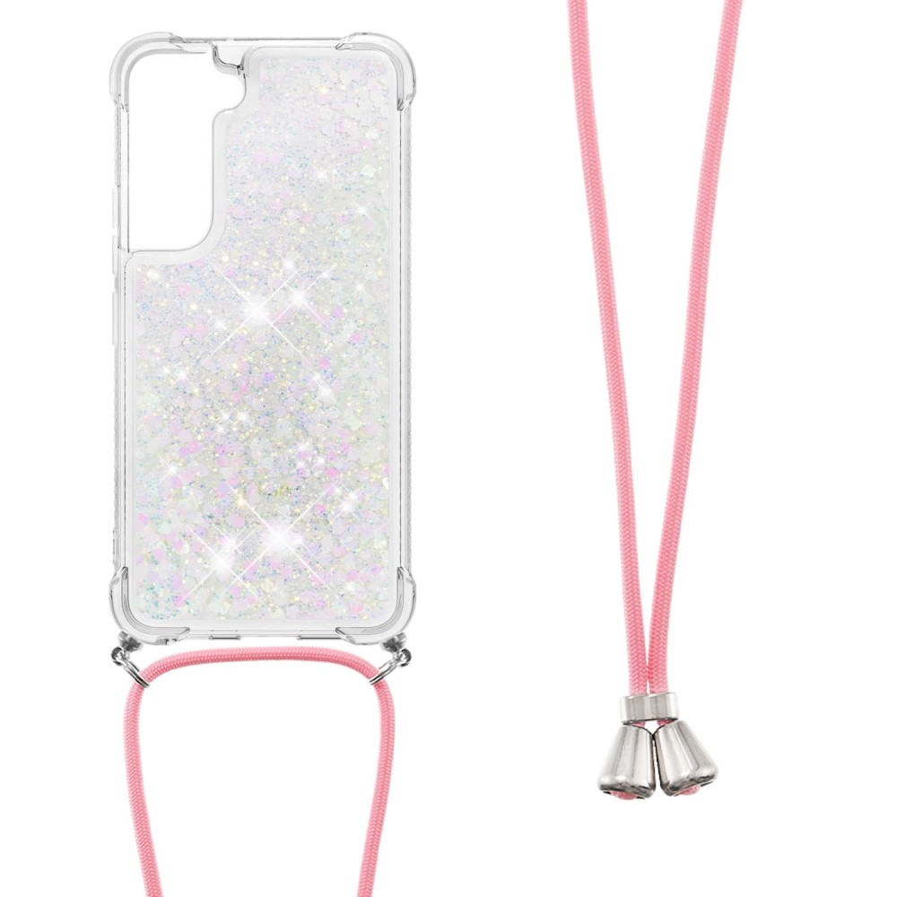 Samsung Galaxy S22 5G Necklace Gummi Hülle Liquid Glitzer   Handykette (130cm) - Rosa / Silber