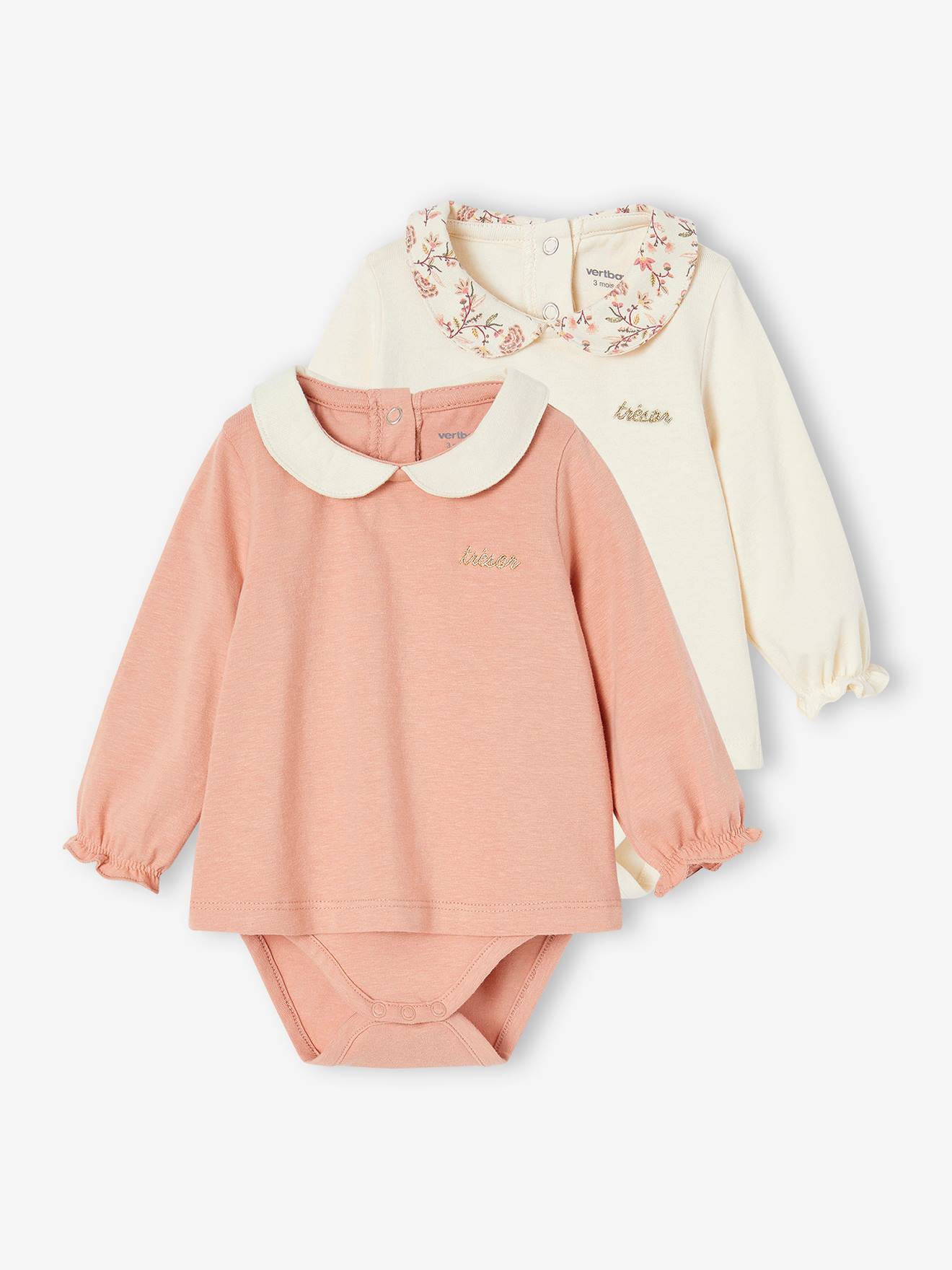 Conjunto com 2 bodies de manga comprida para bebê na cor rosa antigo.