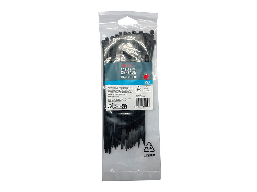 ABRAÇADEIRAS PRETAS AUCHAN 50 UNIDADES 3.5X180MM