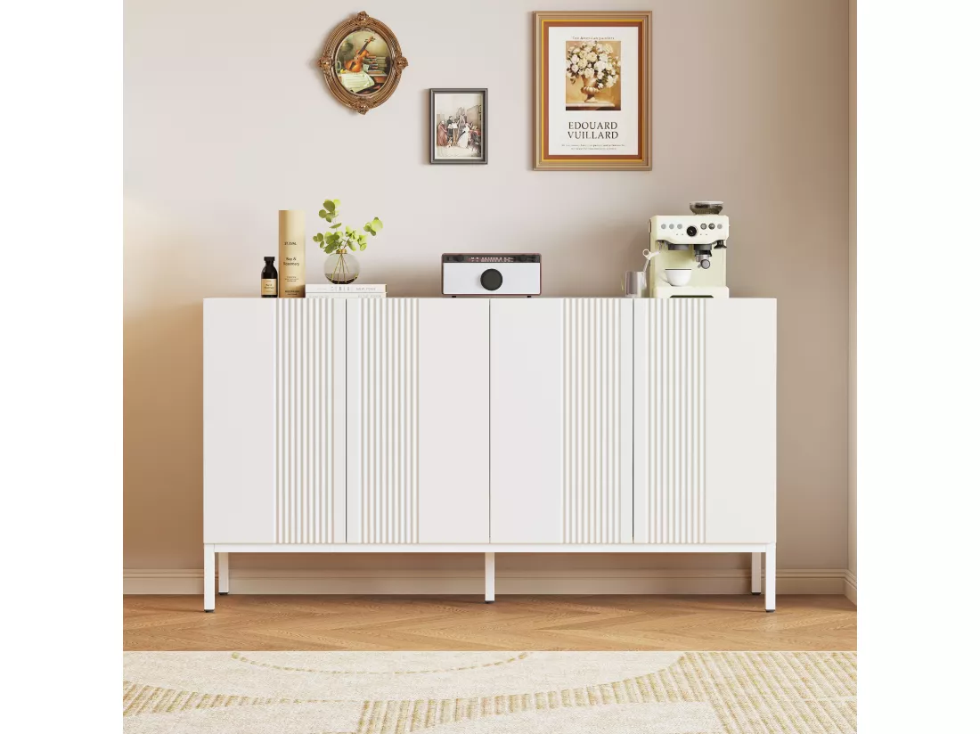 Buffet moderne avec 4 portes - 140 x 41.5 x 80 cm - MDF et panneaux de particules - pour salon ou cuisine - Blanc