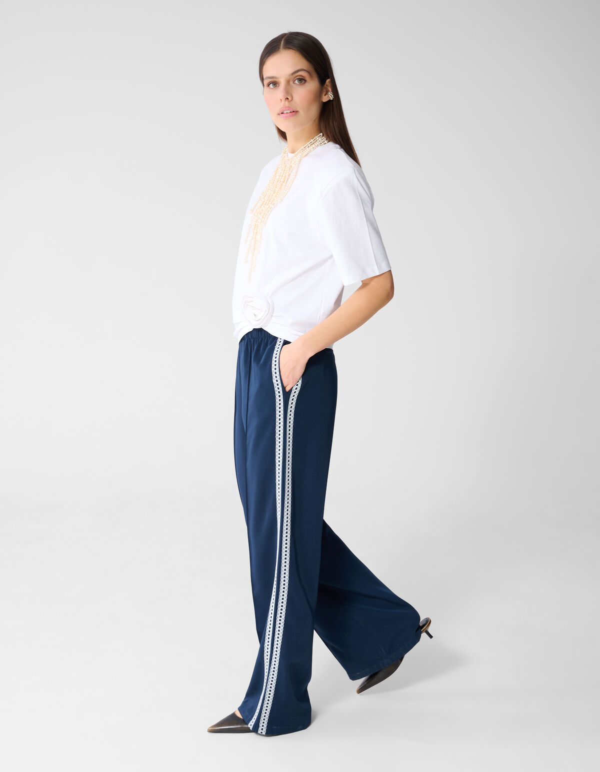 Kanten Wide Leg Broek Donkerblauw