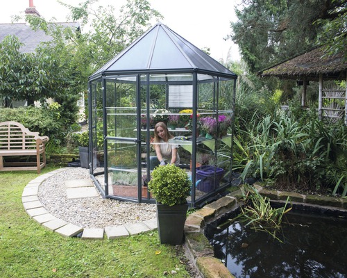 Palram Kas – Canopia Oasis Hexagonaal incl. funderingsframe, lamellenraam, regengoot 247,1 x 213,2 cm grijs