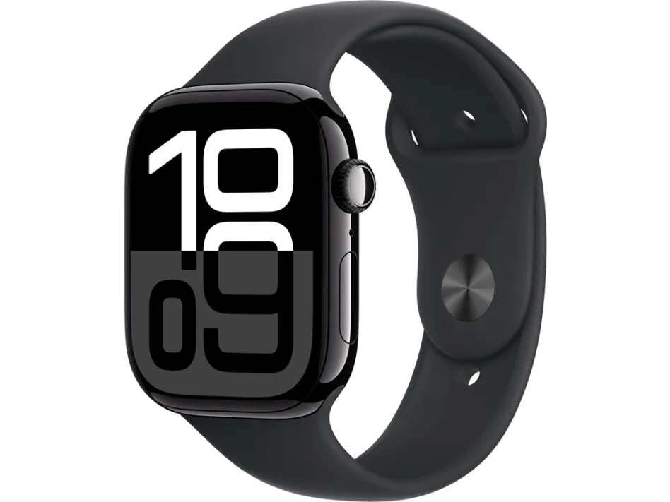 Apple Watch Series 10 (GPS) - 46 mm - jet sort aluminium - smart ur med sportsbånd - fluoroelastomer - sort - båndstørrelse: M/L - 64 GB - Wi-Fi 4, UWB, Bluetooth - 36.4 g