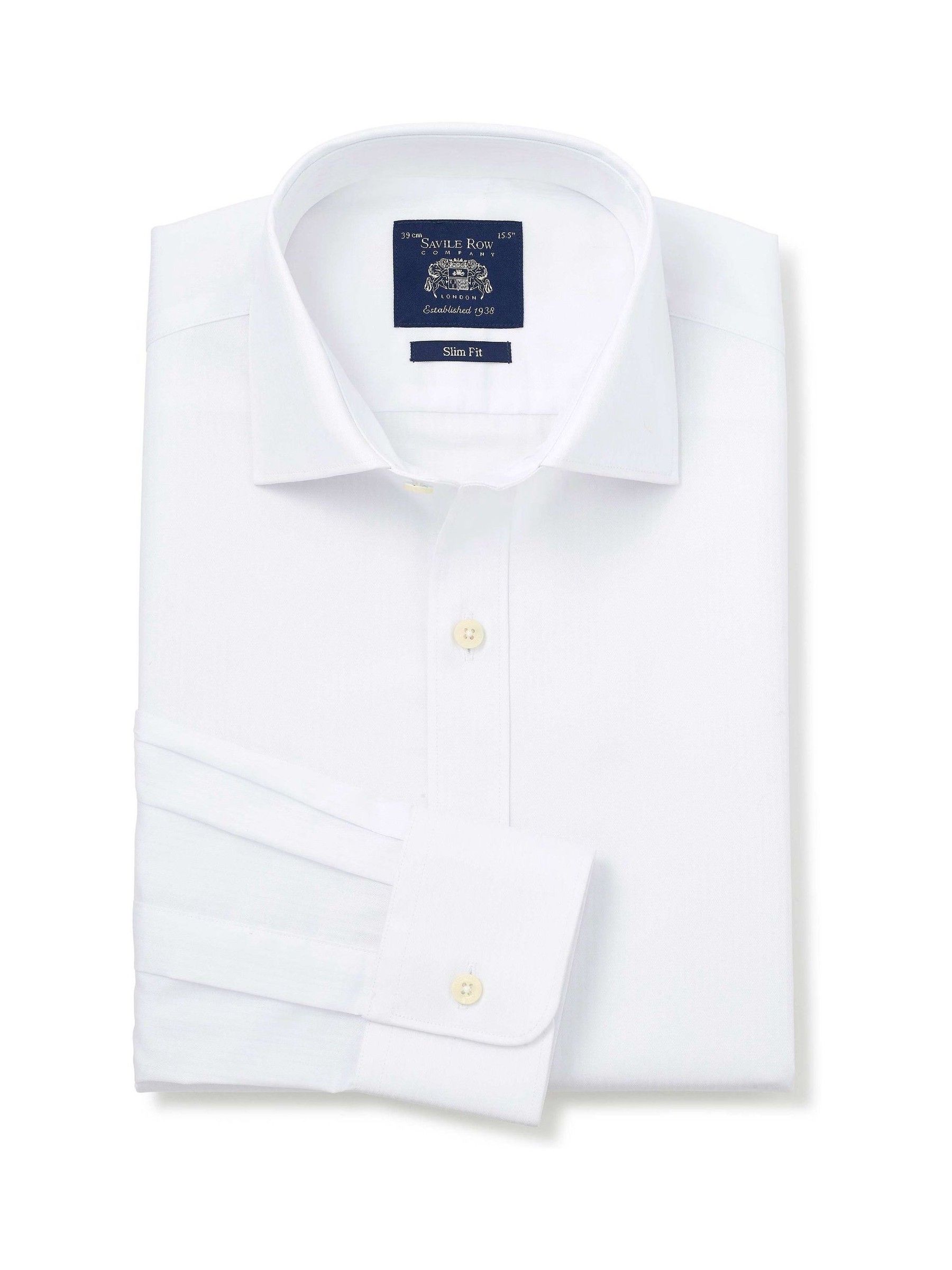 Savile Row Company Slim Fit White Herringbone Cotton Single Cuff Formal White Shirt