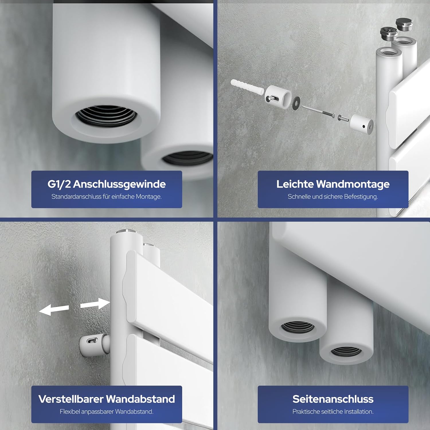 VILSTEIN® Badheizkörper [180x45cm] - Handtuchheizkörper Elektrisch einsetzbar [SEITLICH OFFEN] - Handtuchtrockner Badezimmer - Handtuch Heizkörper Bad - Handtuchheizung - Wandheizkörper - (Weiß)