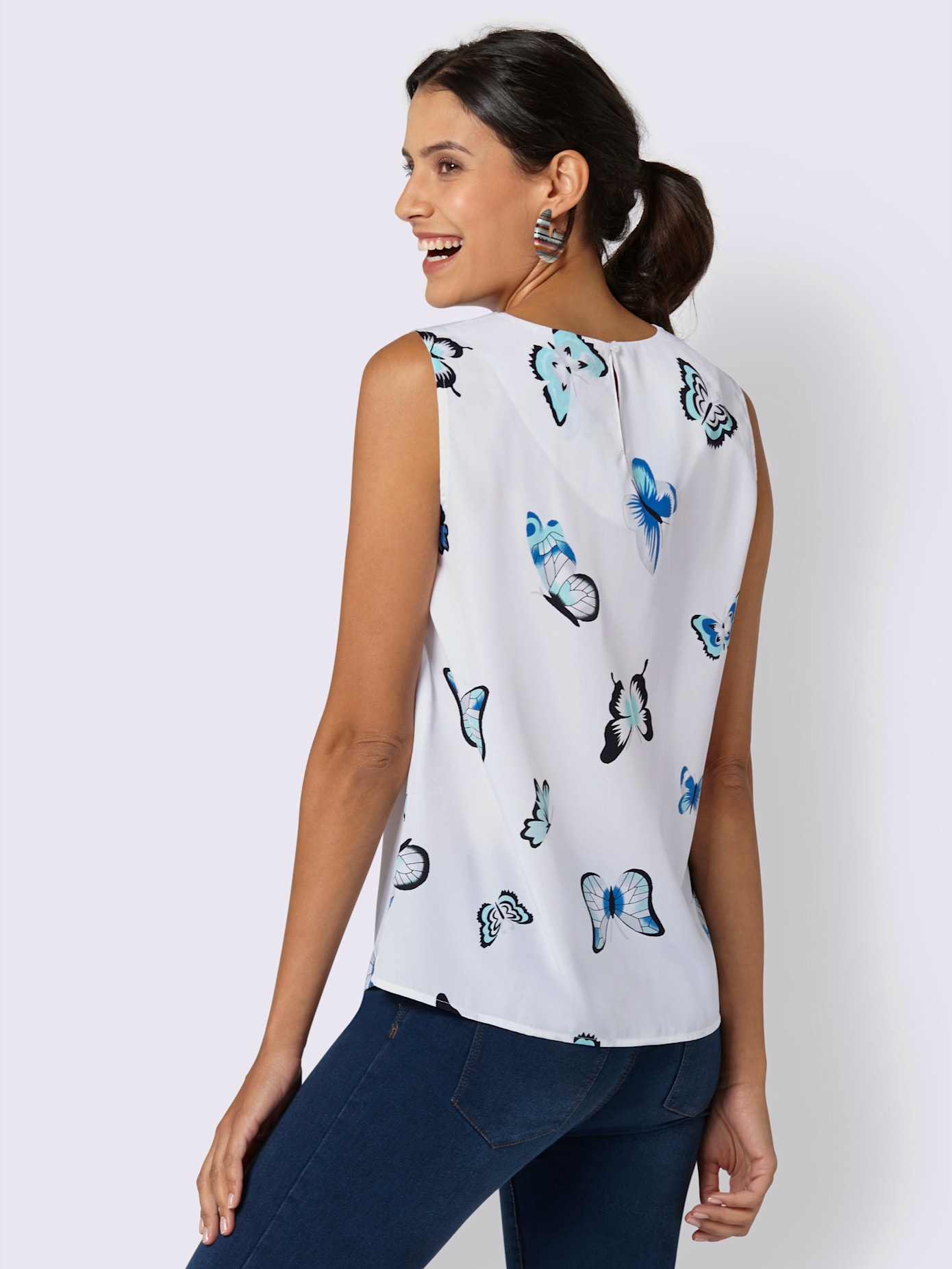 Blouse fluide sans manches imprimé col rond avec plis décoratifs