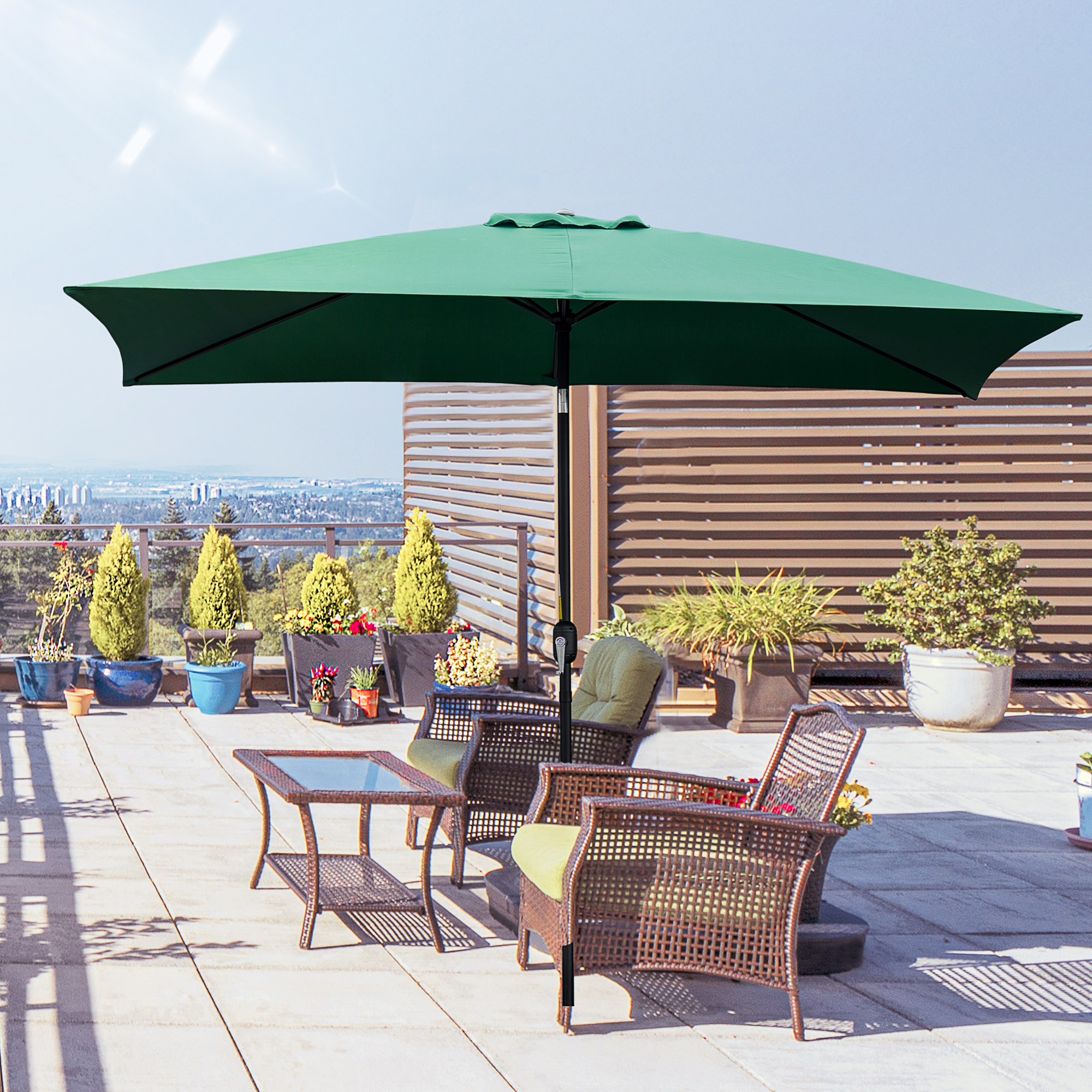 Guarda-sol retangular de alumínio Outsunny, 200x300x240 cm, com manivela e mastro removível, ideal para terraços, piscinas, pátios e áreas externas verdes.