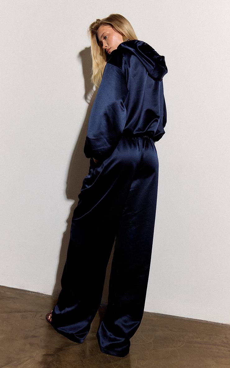 Bleu Marine Pantalon Large En Satin