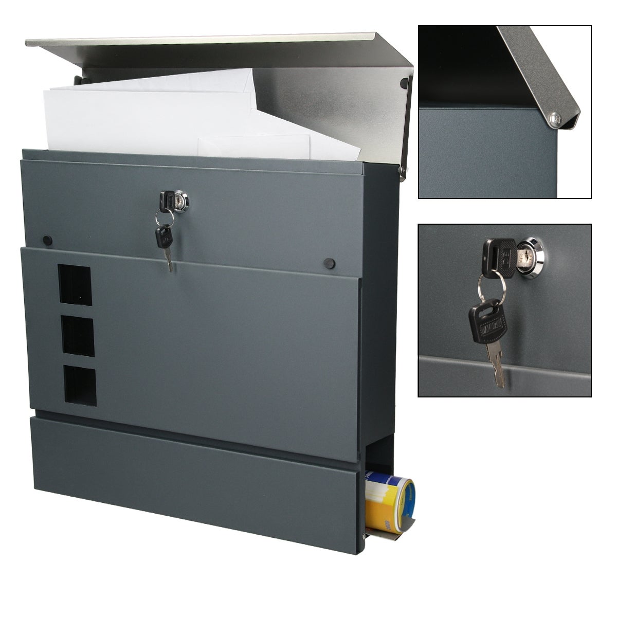 ECD Germany Brievenbus met krantenvak, antraciet/zilver, 37x10,5x36,5 cm, roestvrij staal, kijkvenster, inclusief 2 sleutels en bevestigingsmateriaal, moderne brievenbus voor aan de muur, brievenbus met krantenrol