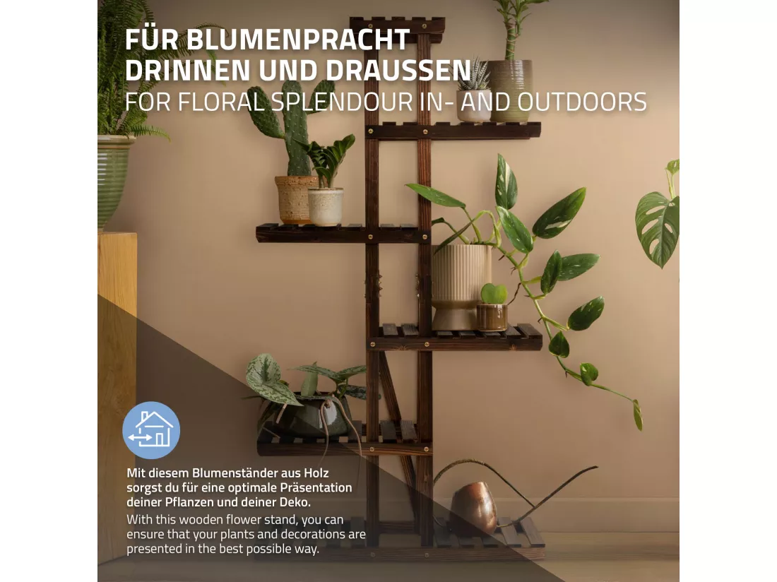 Étagère à fleurs bois marron carbonisé rangement 6 niveaux support de pot salon