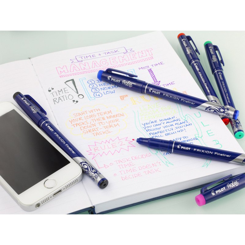 Stylo feutre Pilot Frixion Fineliner pointe 1,3 mm - écriture fine - Etuis de 4 couleurs classiques assorties