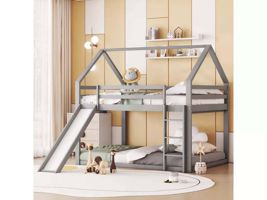 Lit superposé cabane avec toboggan - 140x200cm - Pin massif + MDF - lit pour enfants - Blanc