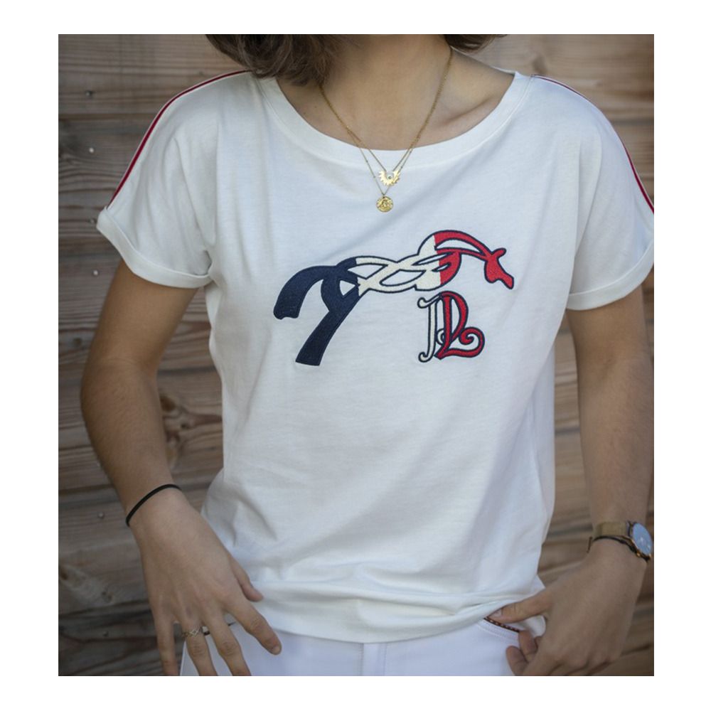 Pénélope POPPY - Tee-shirt Femme blanc cassé/galon tricolore