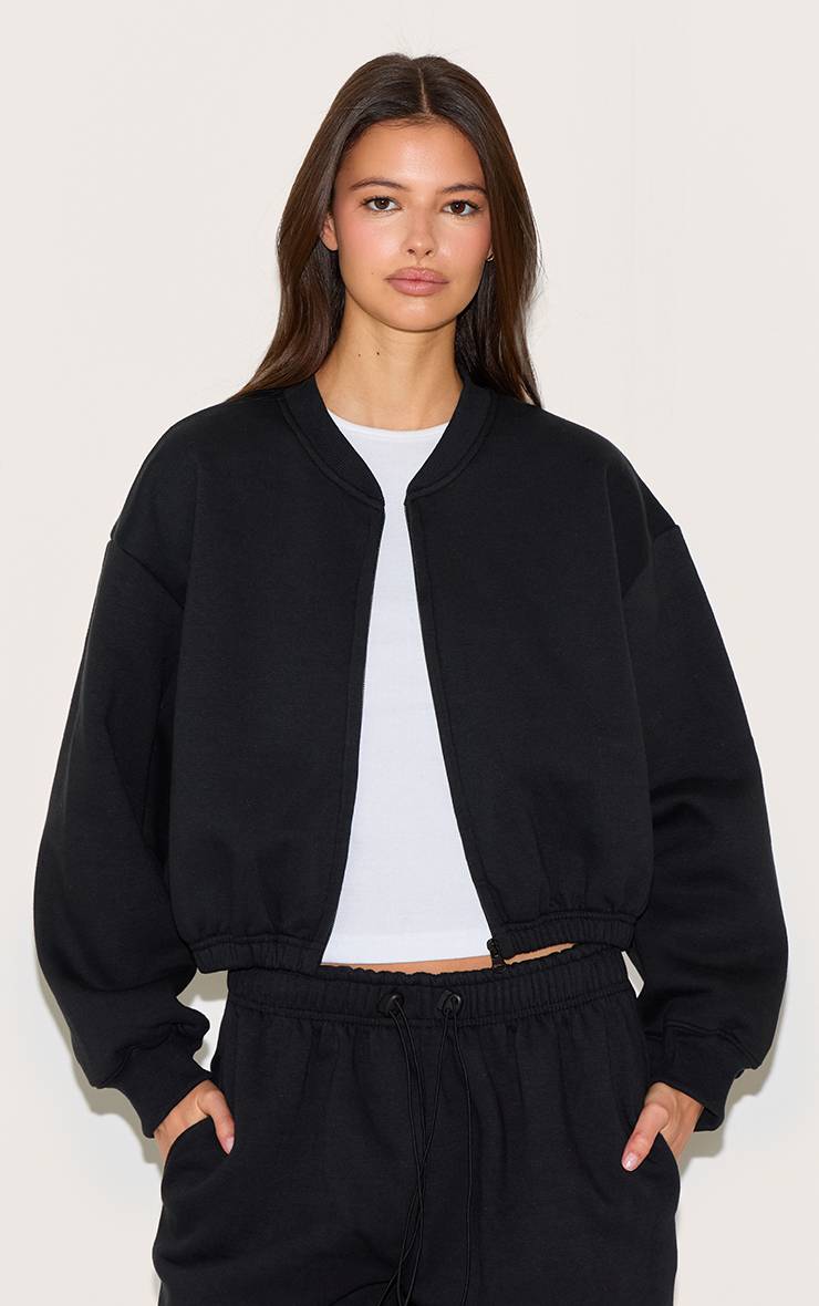 Noir Sweat-shirt Court Zippé Avec Cordon De Serrage À La Taille