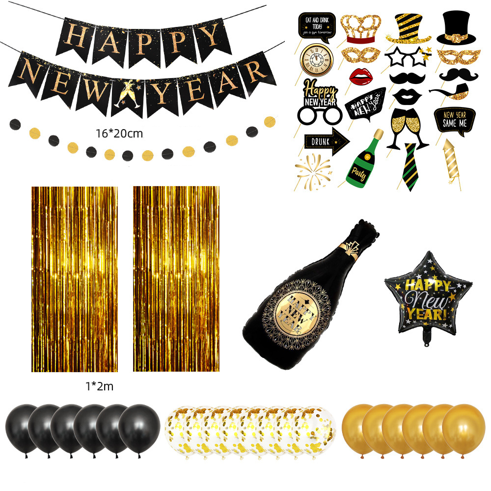 (65-tlg. Set) Happy New Year Girlande Silvester Party Dekoration   Ballons / Lametta Vorhang / Fotorequisiten - Gold / Schwarz