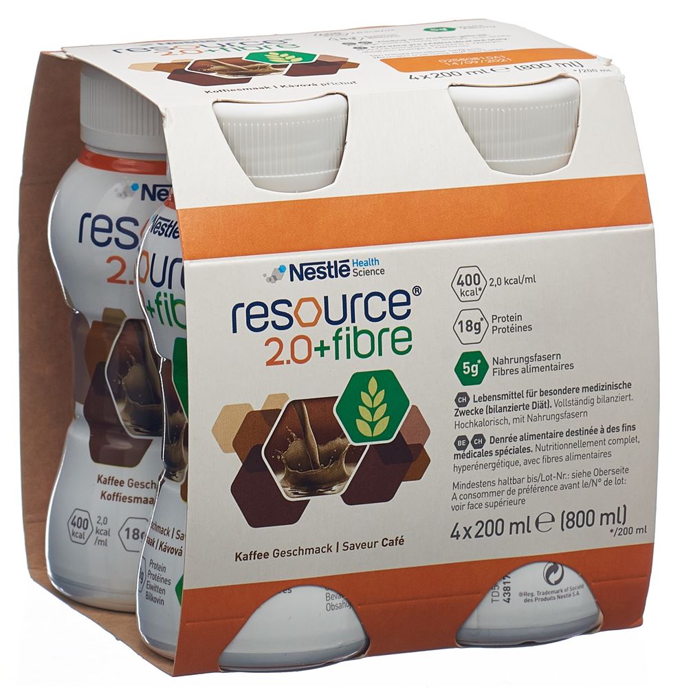 RESOURCE 2.0 Fibre<br>4 × 200 ml, Emulsion zum Einnehmen, Café