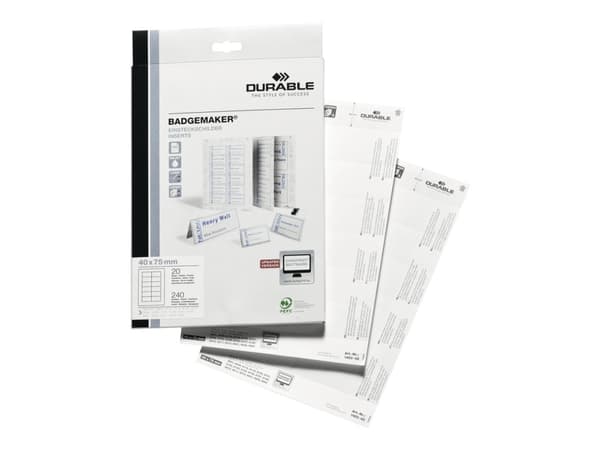 Indstik til kongresmærker på A4-ark hvid 75x40 mm 20ark/pak - (240 stk.)