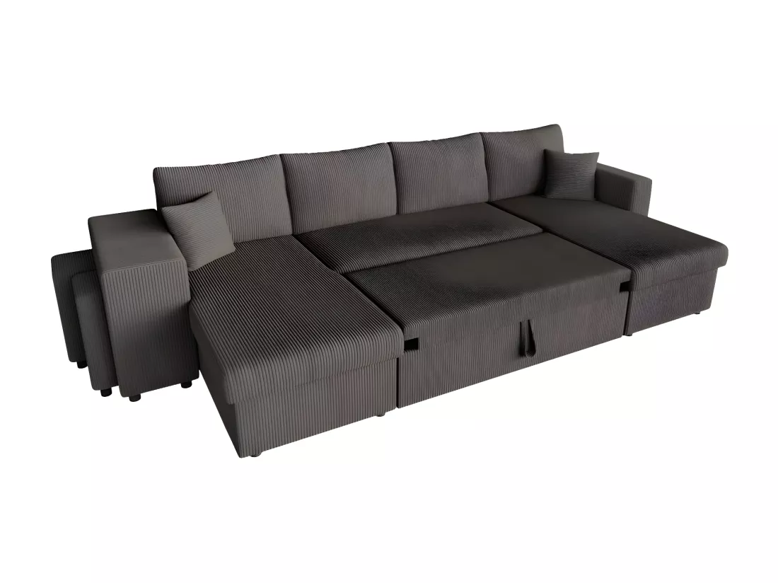 Canapé panoramique Oslo convertible avec 2 coffres, 2 poufs à gauche en velours côtelé Gris anthracite - L311 x P146 x H81cm - Loungitude
