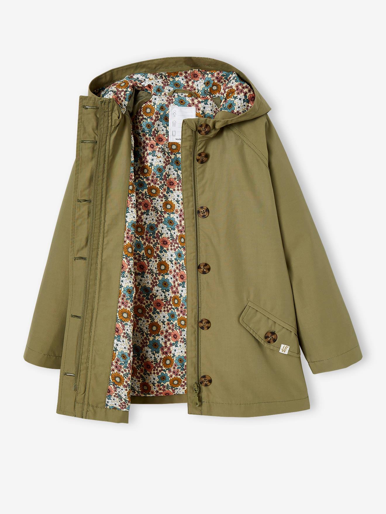 Casaco trench coat cáqui com capuz, perfeito para meia-estação, para meninas.