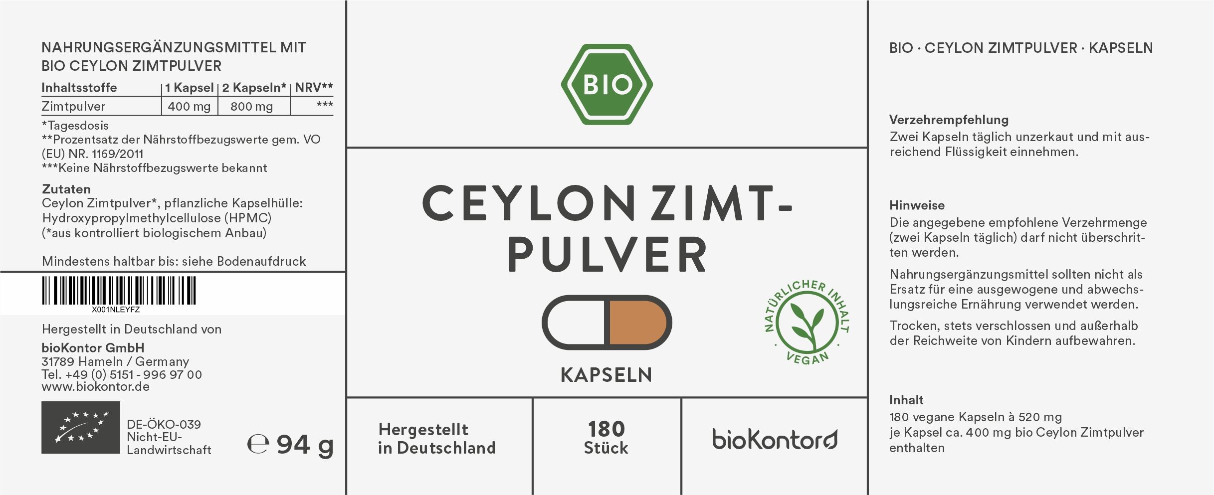 bioKontor Ceylon Zimtpulver Kapseln