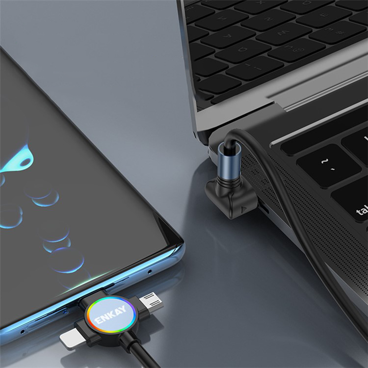 (bis 1.5m) 66W 3in1 USB A auf USB C / Lightning / Micro USB 90 Grad Winkel Spiral Ladekabel Flexibles Datenkabel - Schwarz