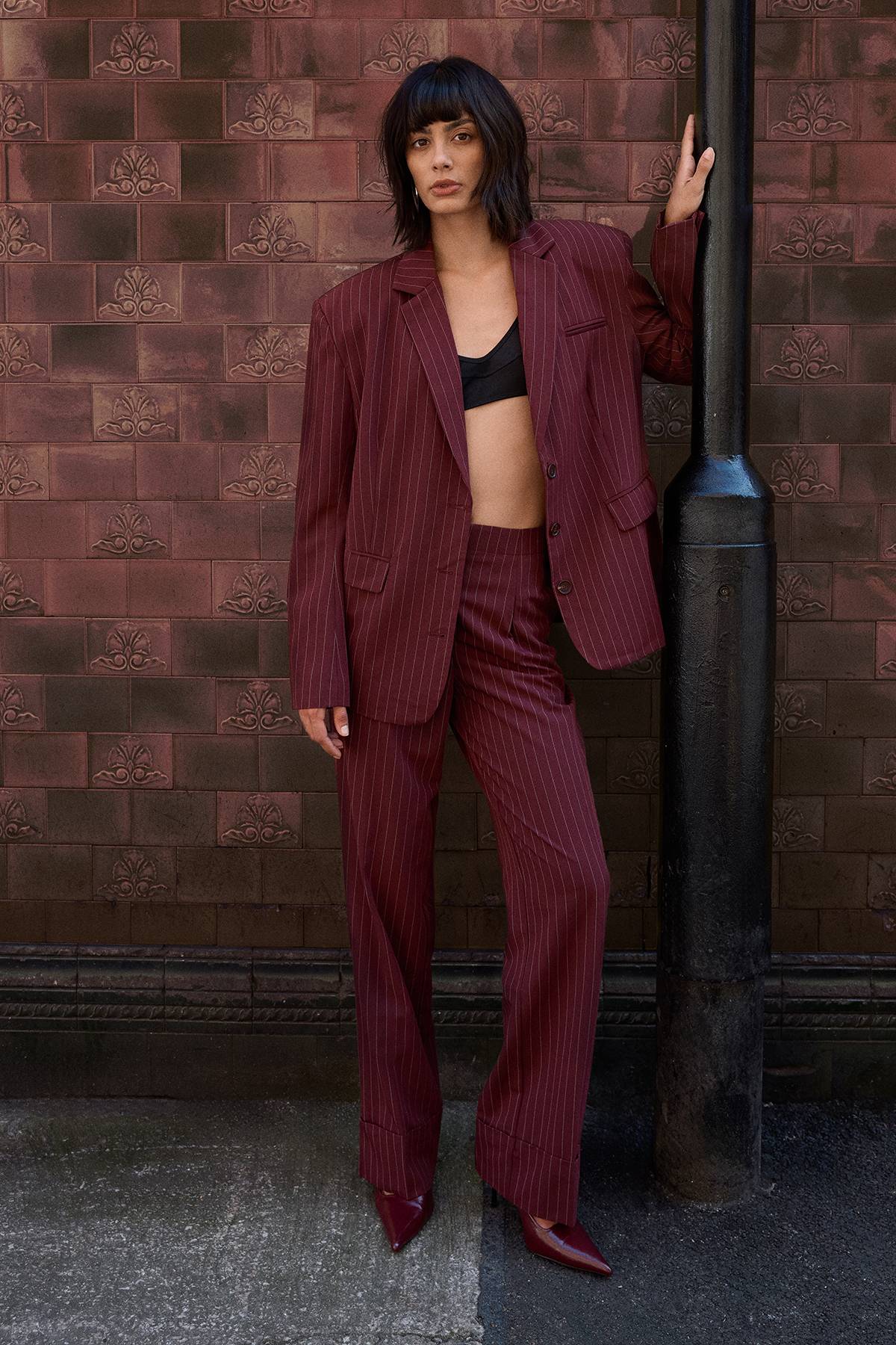 Warehouse Blazer Oversized Rayé à Col Mao Ensemble Coordonné