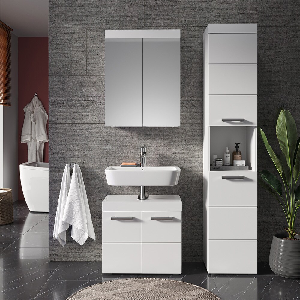 Vicco Badmöbelset Luna Weiß Skandi Badezimmerschrank Badschrank Waschtischunterschrank Spiegelschrank Hochschrank Schranktür Schrankfach Ablage Aufbewahrung