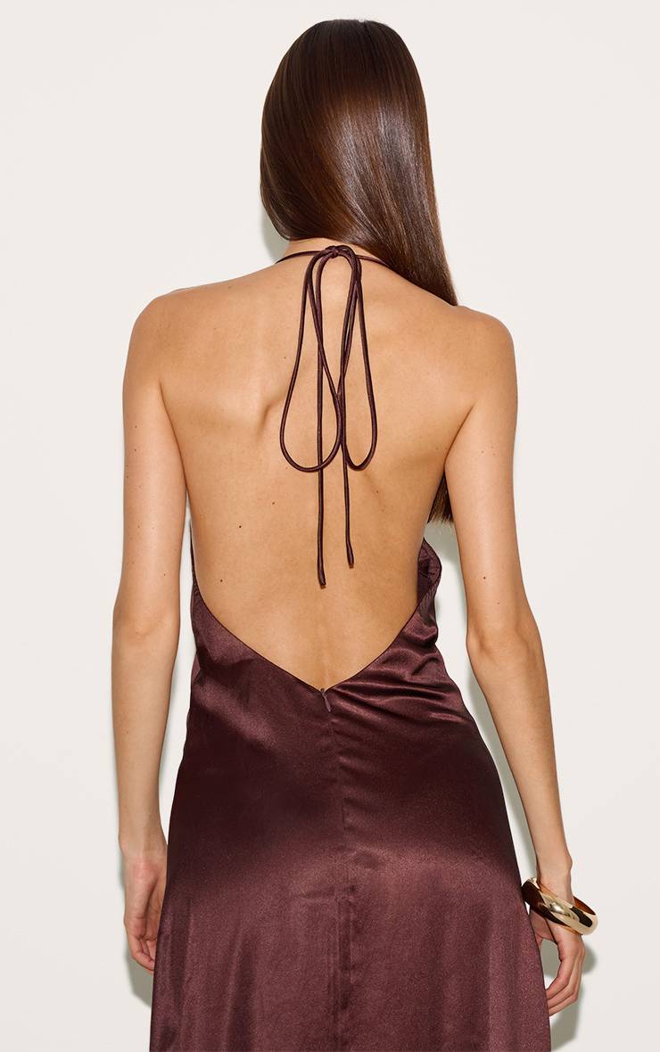 Chocolat Robe Longue Nuisette En Satin À Dos Lacé