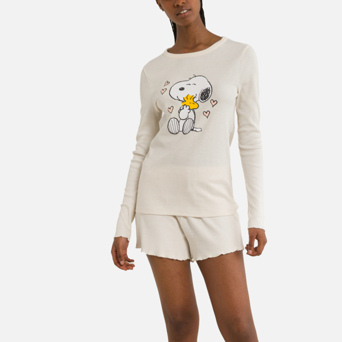 SNOOPY<br>Shorts de pijama canelados de manga comprida do Snoopy