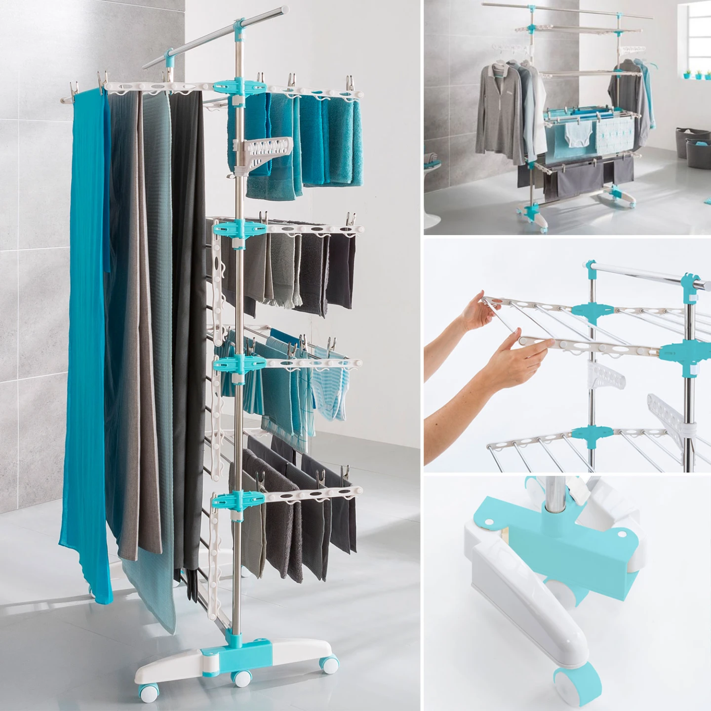 Séchoir à linge vertical pliable 4 niveaux OPTIMUM capacité 30M avec tringle télescopique blanc et bleu