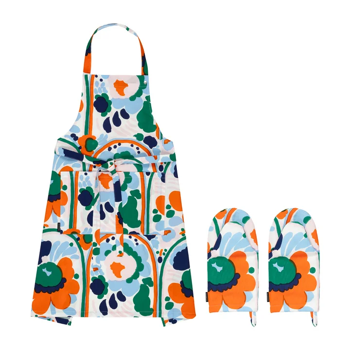 Marimekko - Pieni Karuselli Küchenset, Küchenschürze & Ofenhandschuhe, weiss / blau / orange / emerald (3-tlg)
