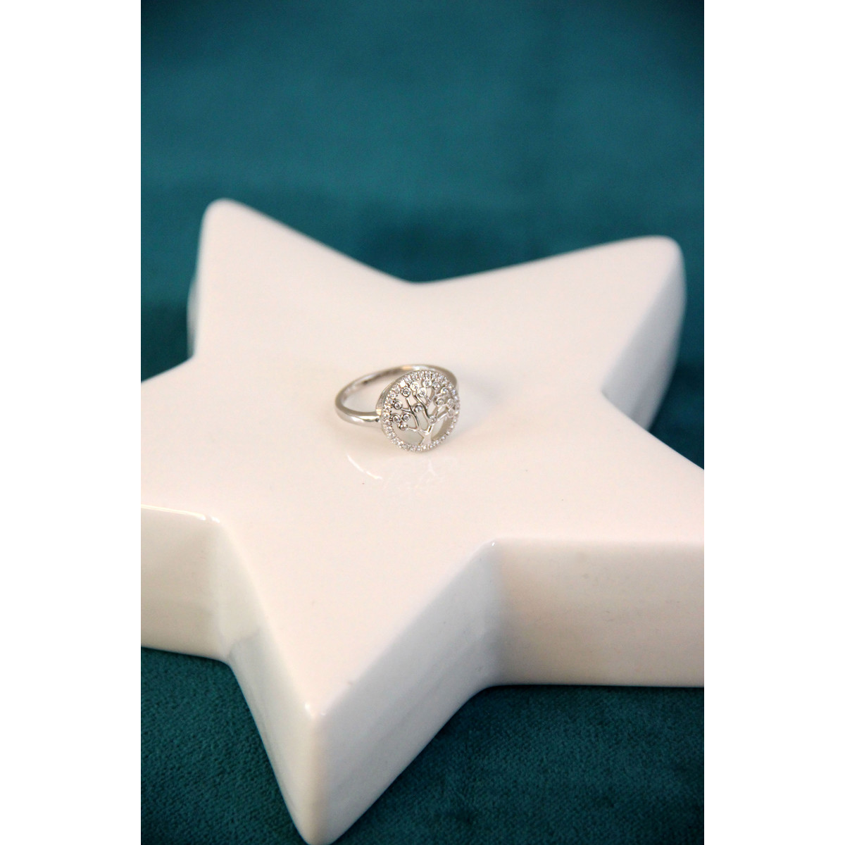 Bague argent rhodié arbre de vie avec cubic zirconia