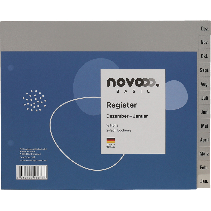 novooo Register Basic, grau, A4, halbe Höhe, Dez-Jan
