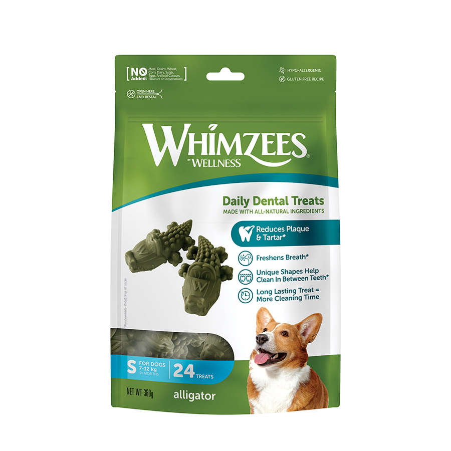 Petiscos dentais Whimzees em formato de crocodilo para cães de raças pequenas.