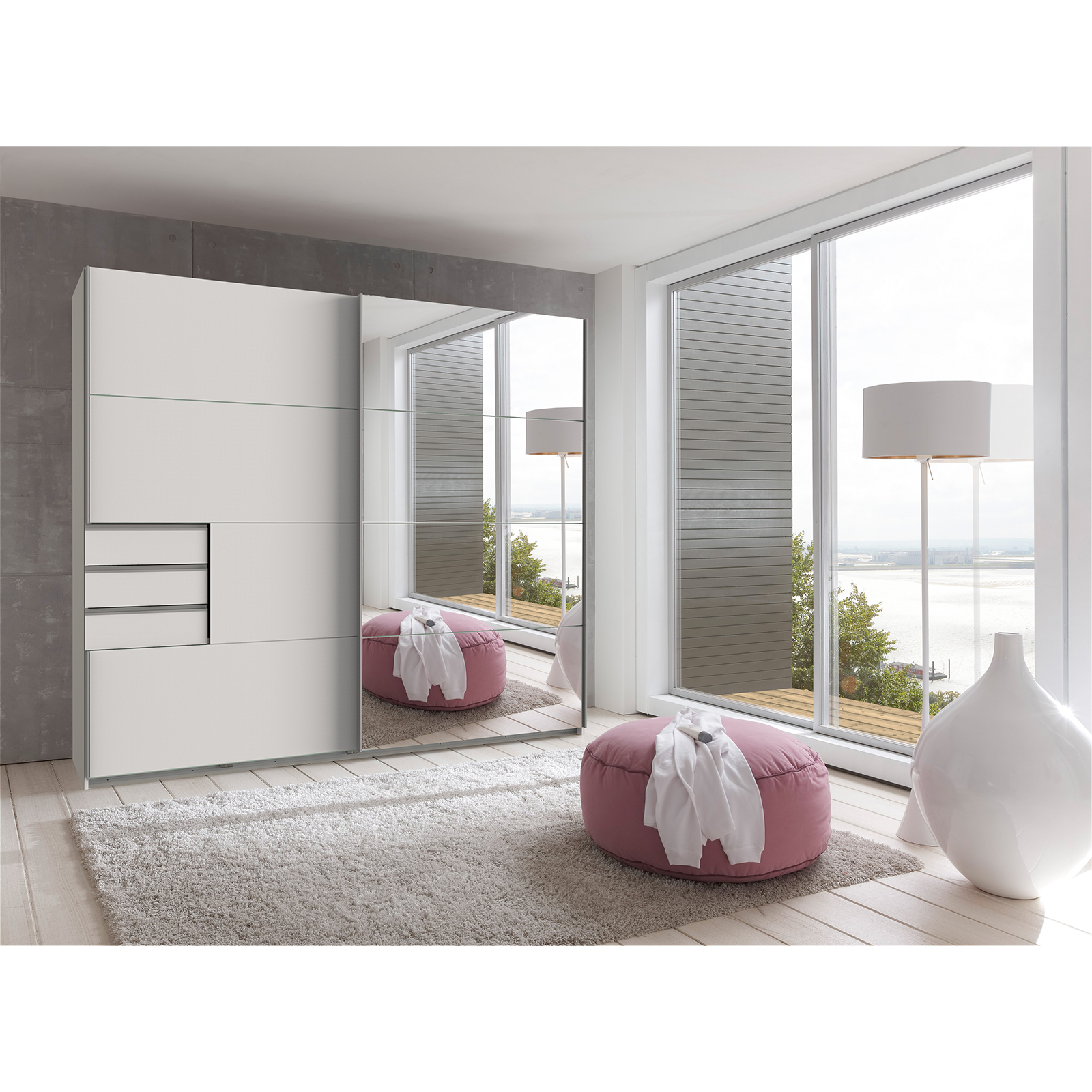 Schwebetürenschrank - weiß - mit Spiegel - 225 cm