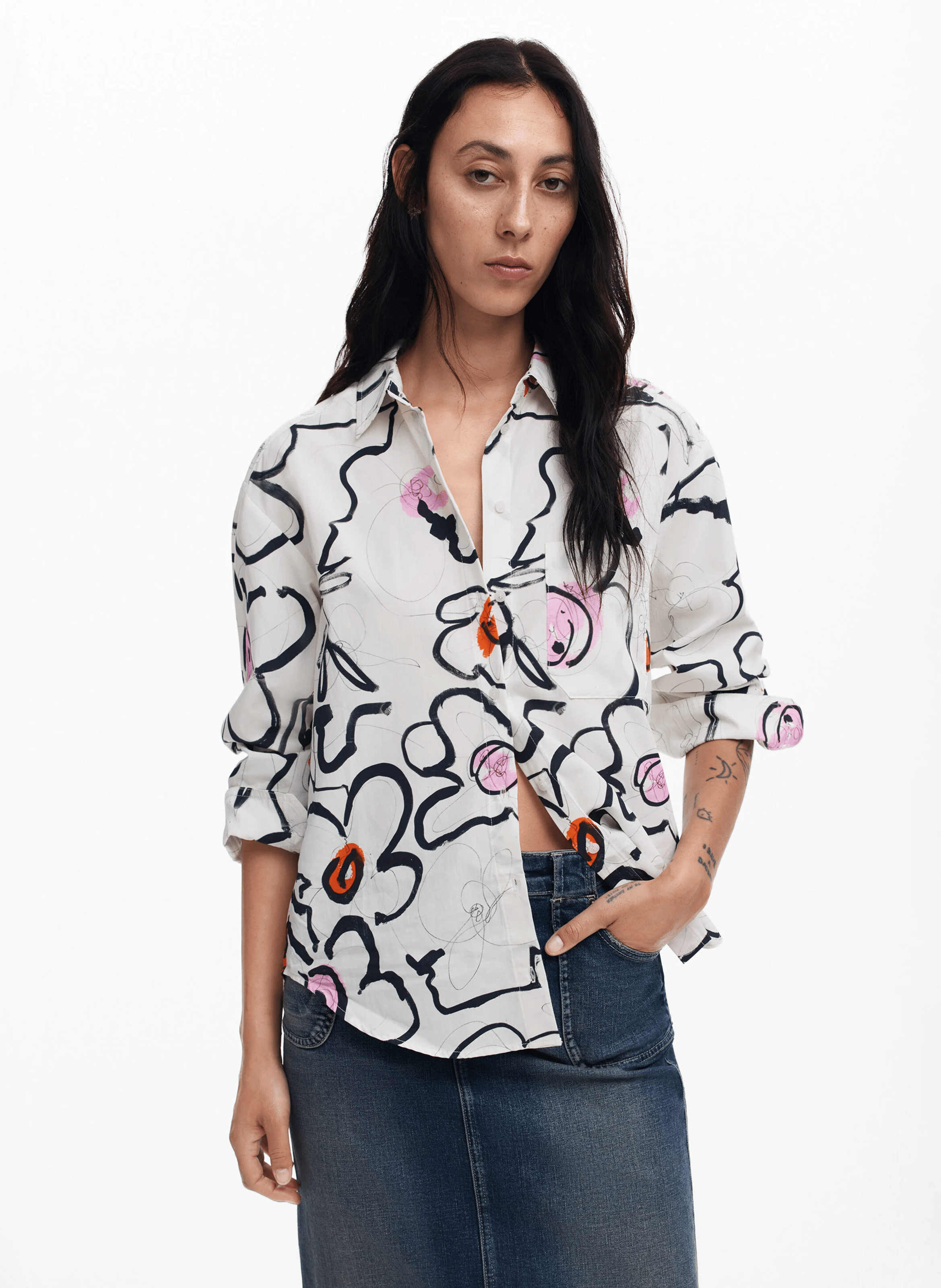 Chemise droite à fleurs en coton | Blanc