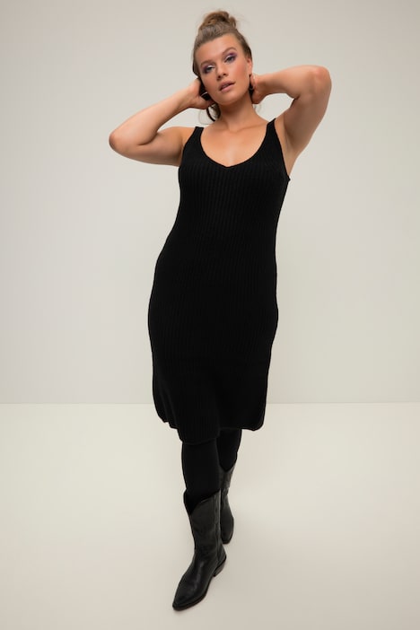 Strickkleid, Straight Shape, Trägerform, V-Ausschnitt, Ripp-Strick