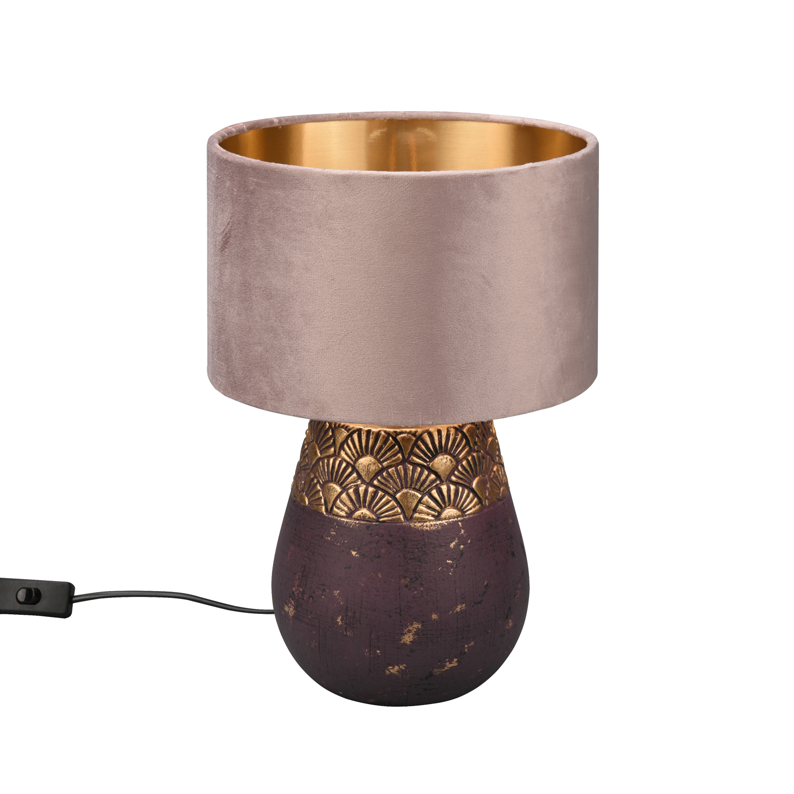 Tischlampe - rosé-braun - Samt - Keramikfuß - 26 cm Ø