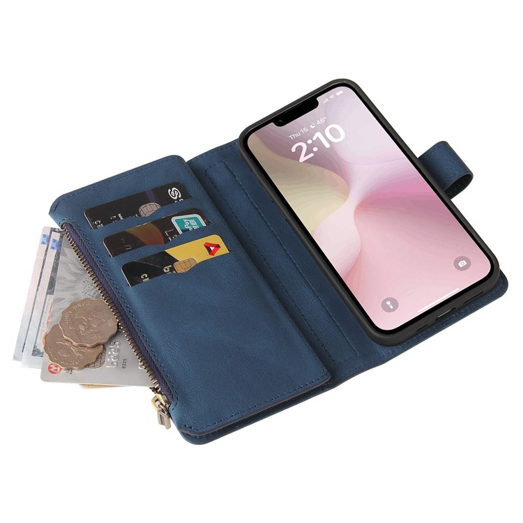iPhone 16e Leder Tasche Flip Cover Kartenfächer mit Druckknopfverschluss   Handschlaufe - Blau