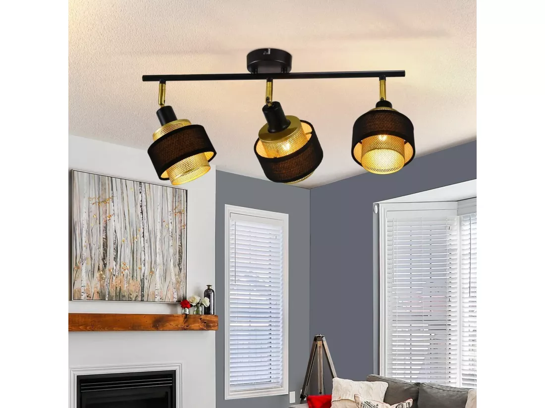 NETTLIFE 3 spots plafonnier E14 noir vintage avec flamme rétro chambre en métal doré orientables industriel pour cuisine couloir salle à manger