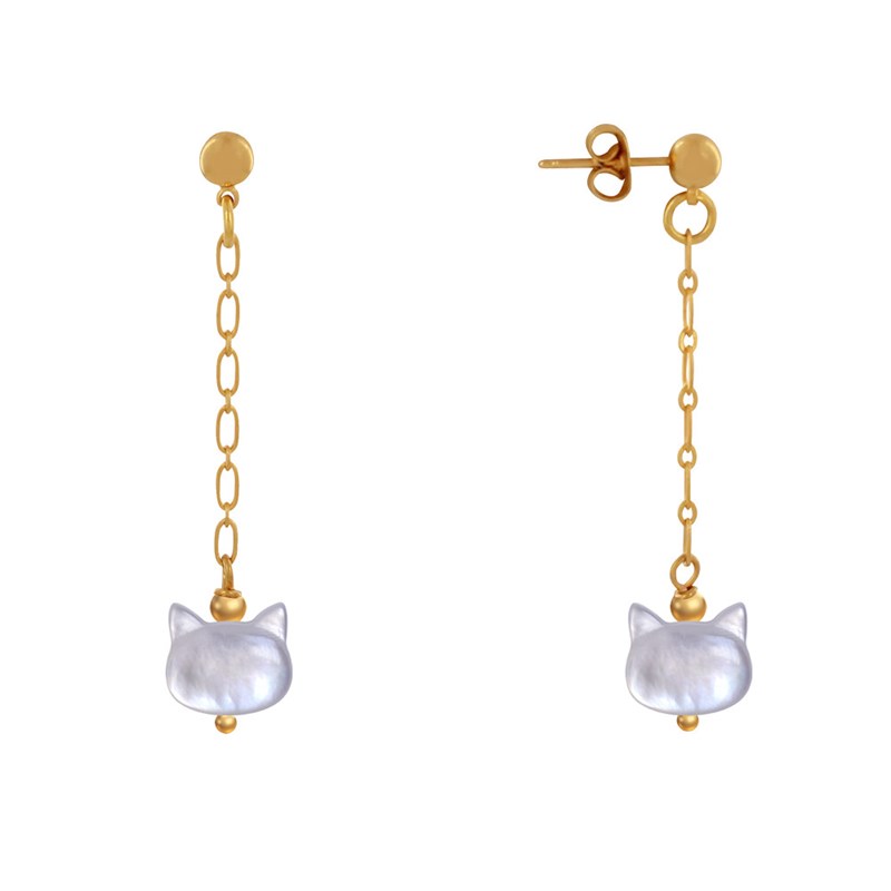 Boucles d'Oreilles Chainette Laiton Doré et Tête de Chat en Nacre