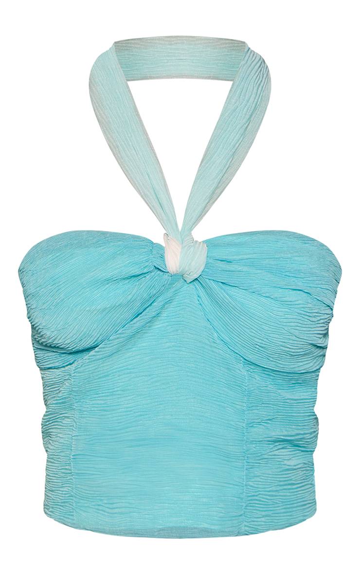 Bleu Layette Top Court Coordonné Col Licou À Nouer Texture Crinkle Ombré Bleu Ciel Petite