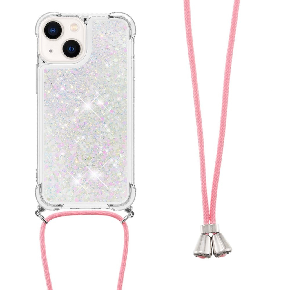 iPhone 15 Necklace Gummi Hülle Liquid Glitzer   Handykette (130cm) - Rosa / Silber