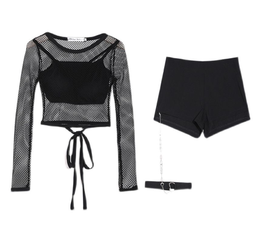 Malnia Home - Punk lange mouwen ronde hals effen visnet crop top / cami top / mid rise hot pants / kousenband / set