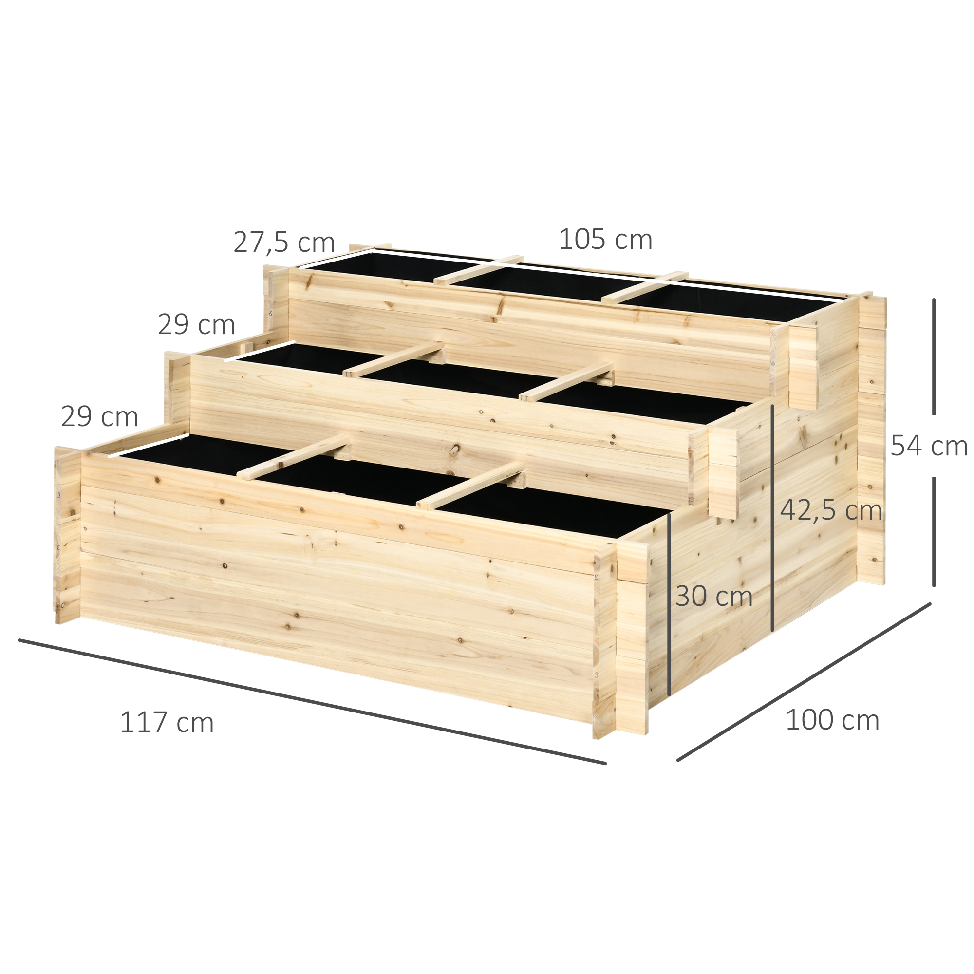 Jardineira de madeira Outsunny Urban Garden de 3 níveis com tecido geotêxtil para cultivo de plantas e flores em jardins e terraços externos, 117 x 100 x 54 cm, cor natural.